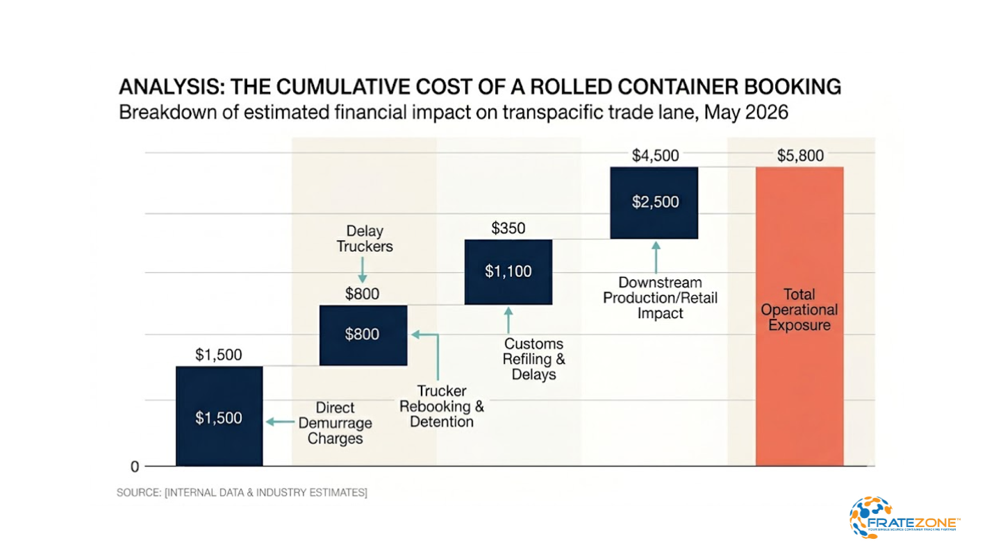 Bar chart showing the cost breakdown of a rolled ocean container booking including demurrage, rebooking, and downstream operational losses in 2026